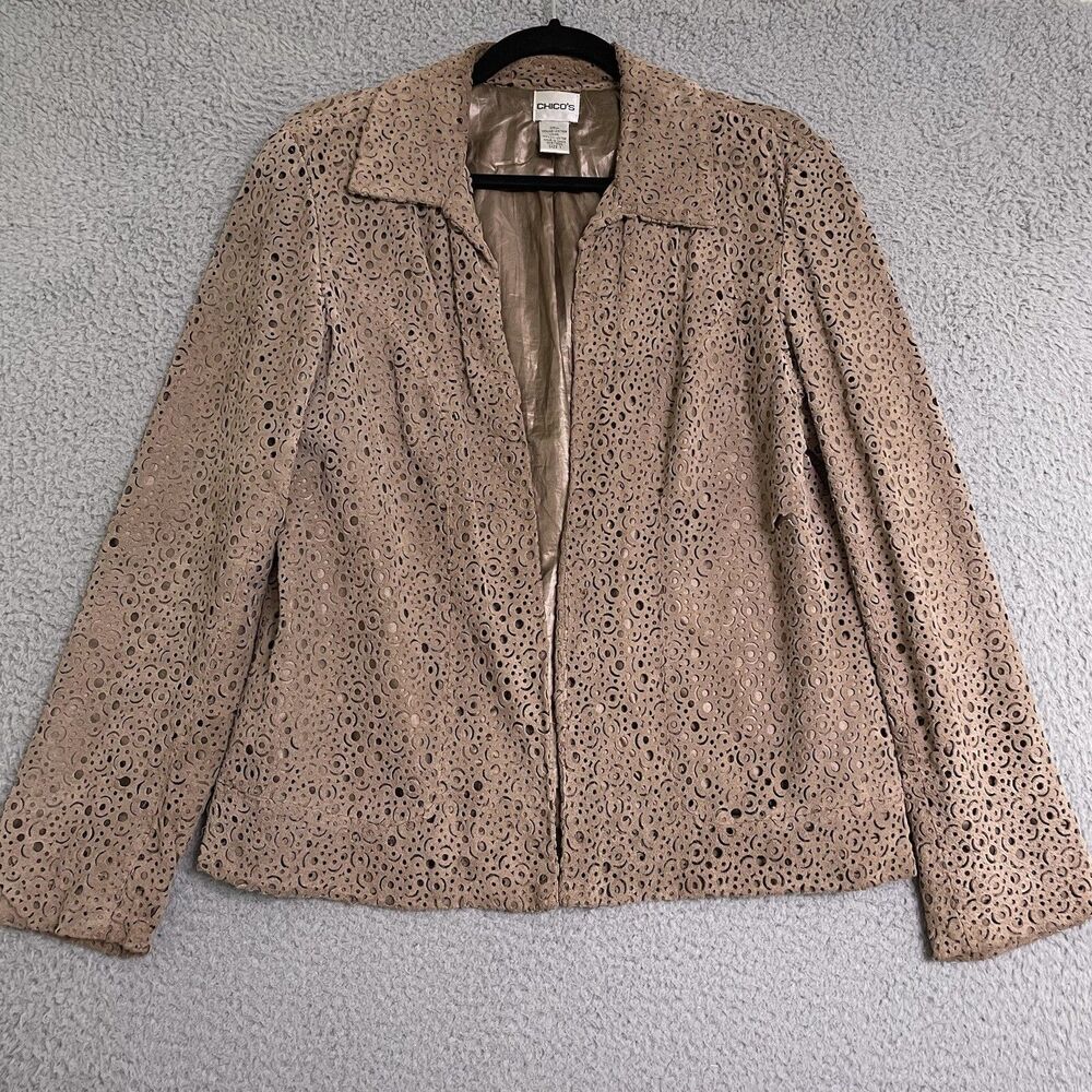 Chicos Laser Cut Leather Jacket Womens Size 1 (M) Tan Open Front Collar Lined